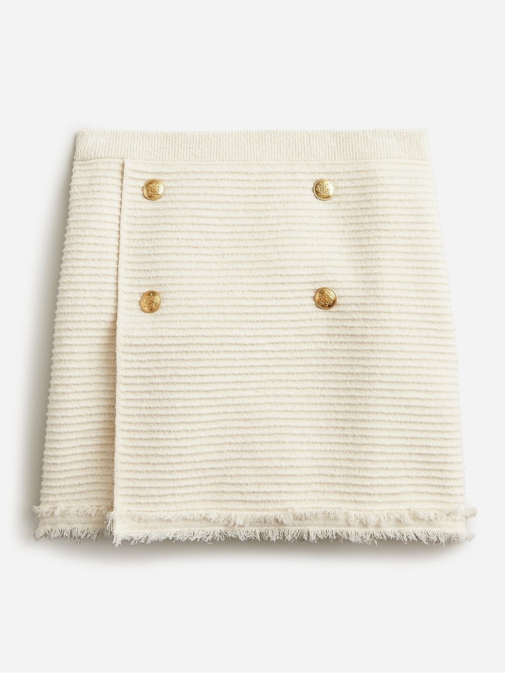 J.Crew Ivory Boucle Faux Wrap Mini Skirt Gold Button Chevron Preppy Size L